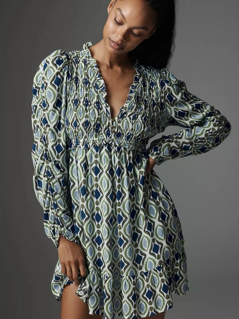 Anthropologie babydoll long sleeve lightweight preppy boho chic dress med EUC